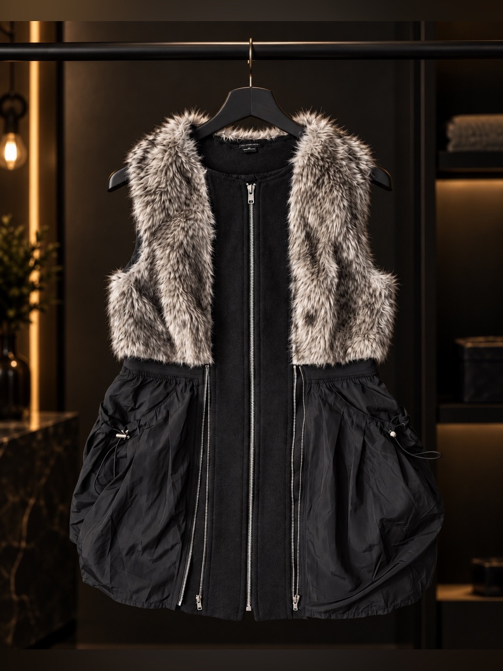 Double Zero M Faux Fur Utility Vest Black Grey Longline Moto Techwear Avant Gard